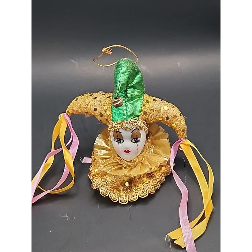 Jester Harlequin Clown Head Gold & Green Hand Painted Porcelain‎ Ornament/Magnet